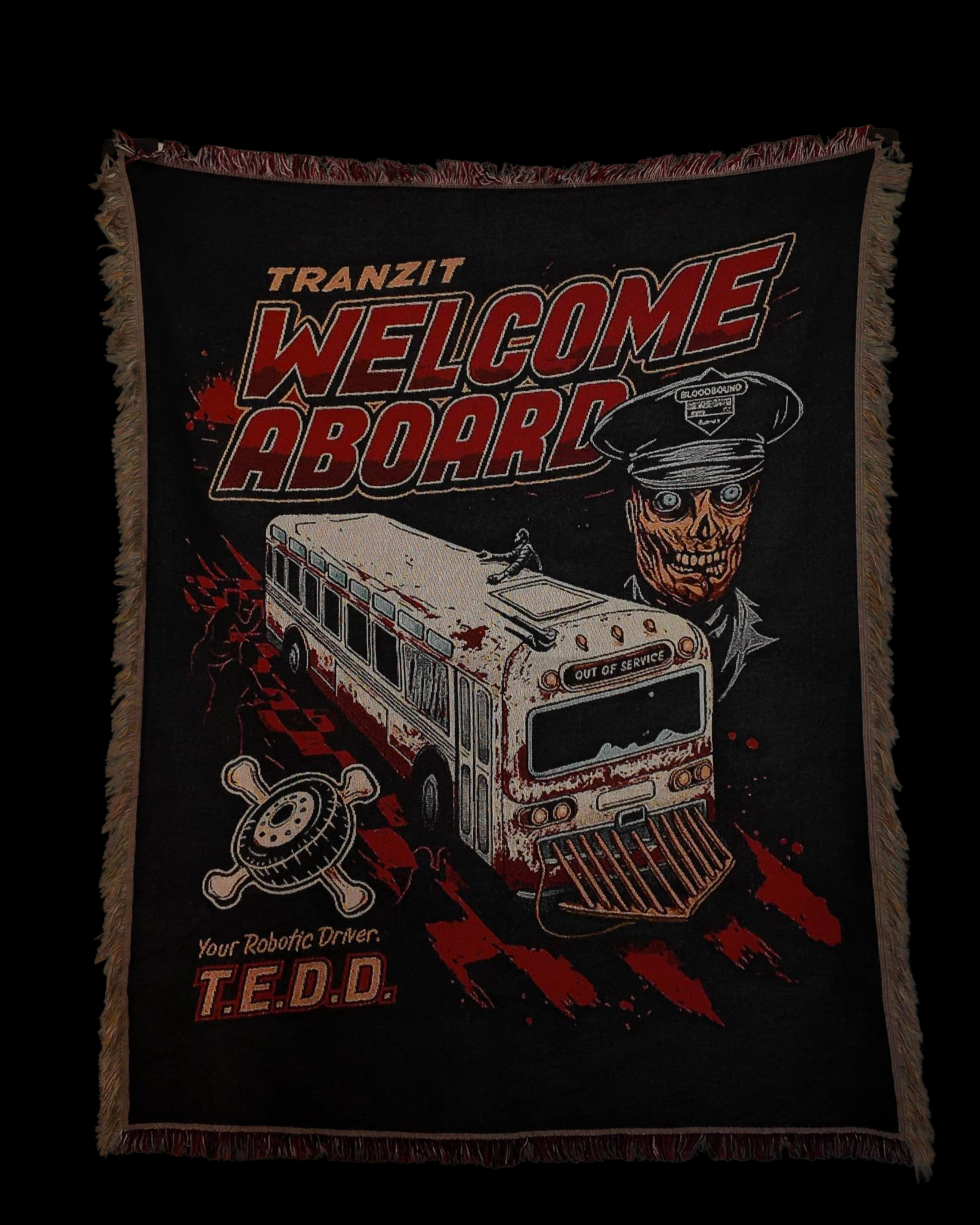 Wall tapestry with “Tranzit Welcome Aboard” text from Call of Duty, showing a zombie bus driver, a worn-out bus labeled “Out of Service,” and red graphic accents on a dark fabric background.