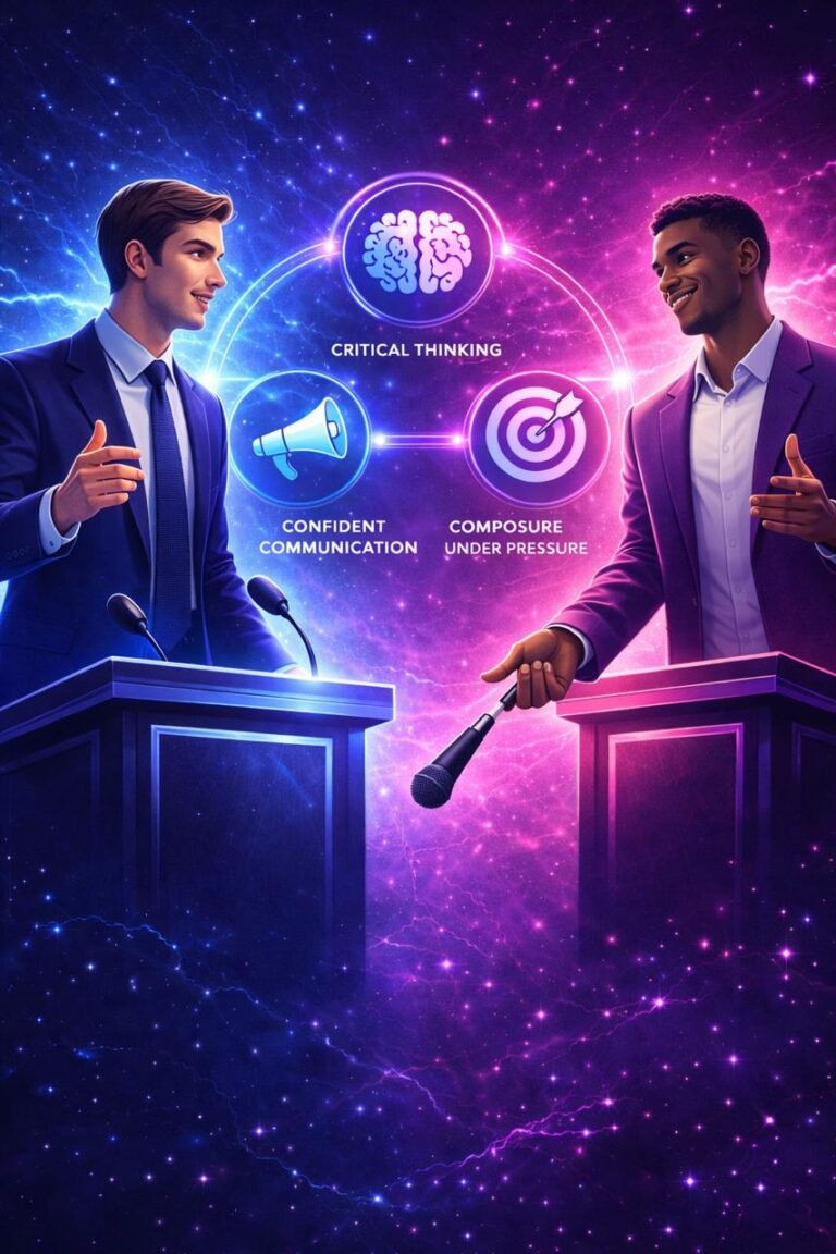 Promotional graphic titled “Debate Lab” showing two young men in suits debating at podiums, with glowing icons representing critical thinking, confident communication, and composure under pressure, and a “Get Started” button below