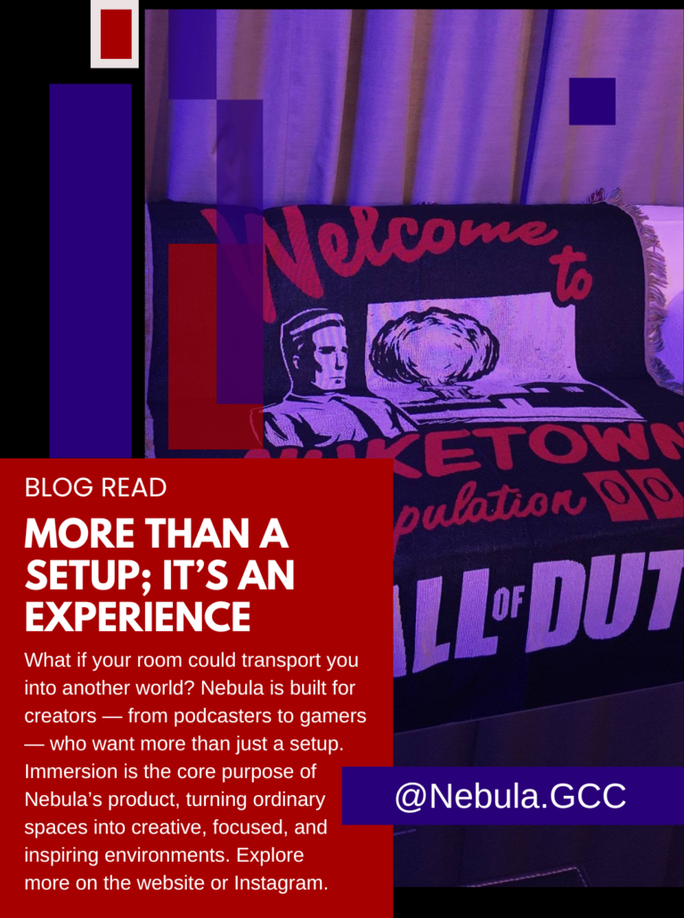 Promotional graphic titled “NEBULA” featuring a gaming-themed room setup with purple lighting, a blog highlight reading “More Than a Setup; It’s an Experience,” a “Get Started” button, and the Instagram handle @Nebula.GCC displayed.